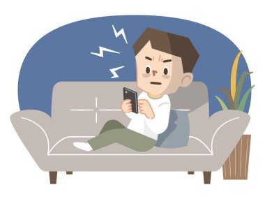 Kanepede uzanmış cep telefonu bağımlısı genç bir adam.