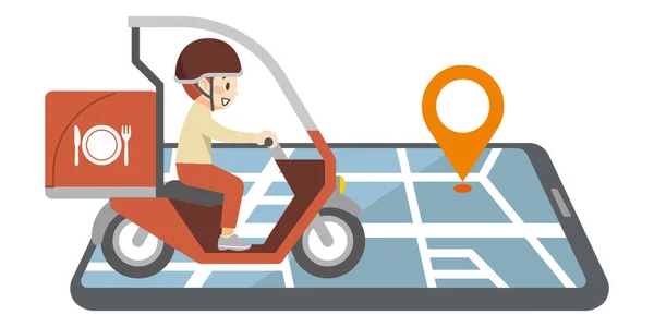 Imagem Mapa Com Entregador Transportando Comida Scooter — Vetor de Stock