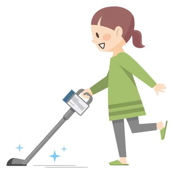 Young Woman Vacuuming Cordless — Stock Vector