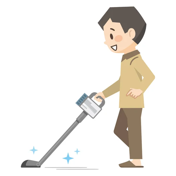 Illustration Young Man Vacuuming Cordless Vacuum — Stock Vector