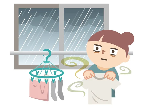 一个女人因为雨天不能擦干衣服而惊慌失措的例子 — 图库矢量图片