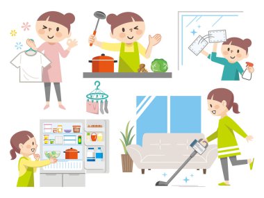 Çeşitli ev işleri yapan ev kadınlarının çizimleri.