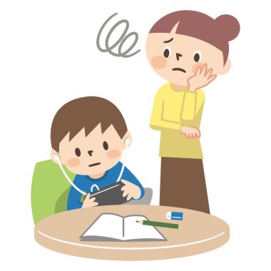 Ödev yapmadan oyun oynayan bir çocuk tarafından şaşırtılan bir annenin tasviri.