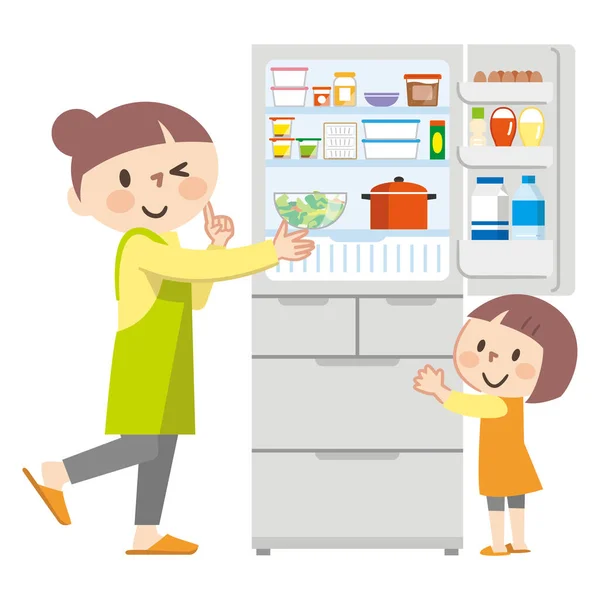 说明父母和子女打开冰箱的情况 — 图库矢量图片