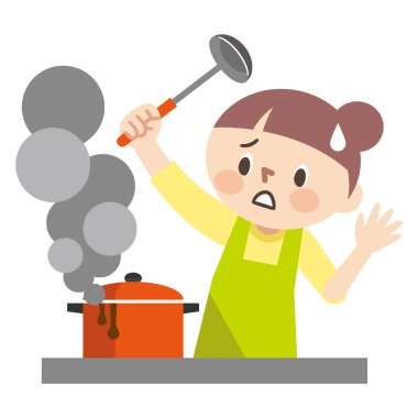 Yemek yapmayı beceremeyen genç bir kadının resmi.