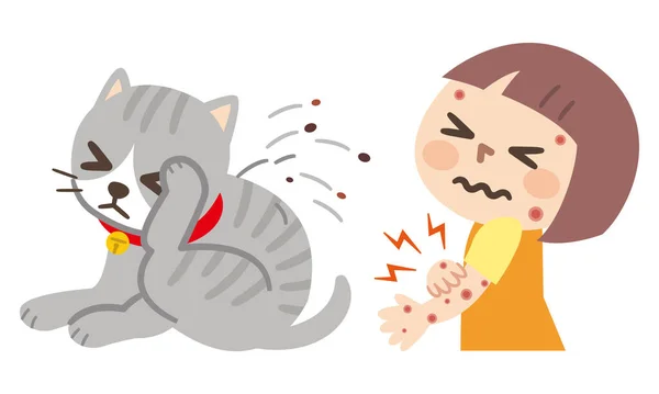 Chica Tiene Erupción Piel Gato Pulga Vector Dibujos Animados — Archivo Imágenes Vectoriales
