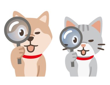Beyaz bir arka planda büyüteçten bakan kedi ve köpek tasviri