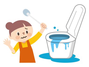 Beyaz bir arka planda tuvalette yıkanmış şaşırmış genç bir ev kadınının tasviri.