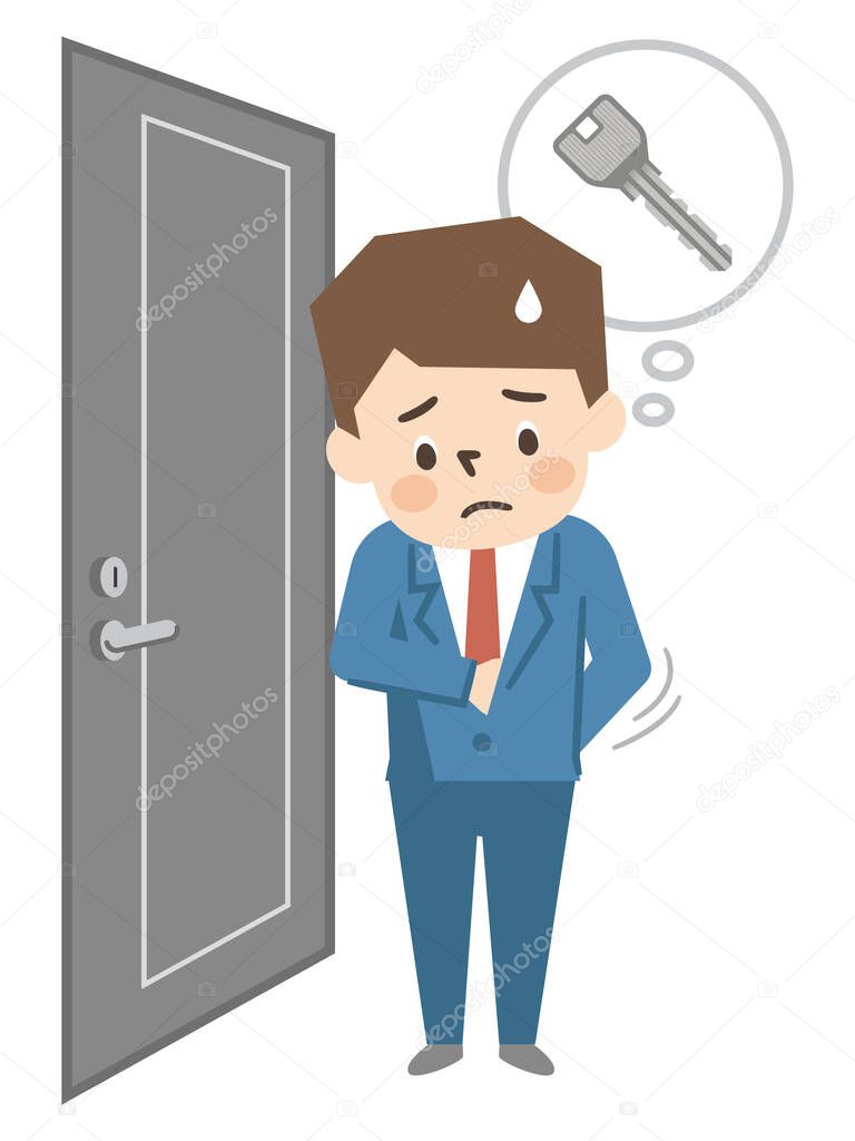 Illustration of a young man looking for a house key on a white background