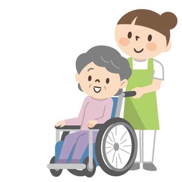 轮椅和护理人员中的老年妇女 — 图库矢量图片