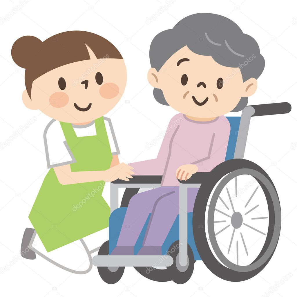 Senior woman in wheelchair and nursing staff