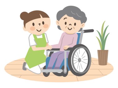 Tekerlekli sandalyeli yaşlı kadın ve genç bakıcı