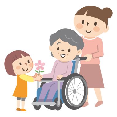 Tekerlekli sandalyedeki yaşlı kadın ve ailesi.