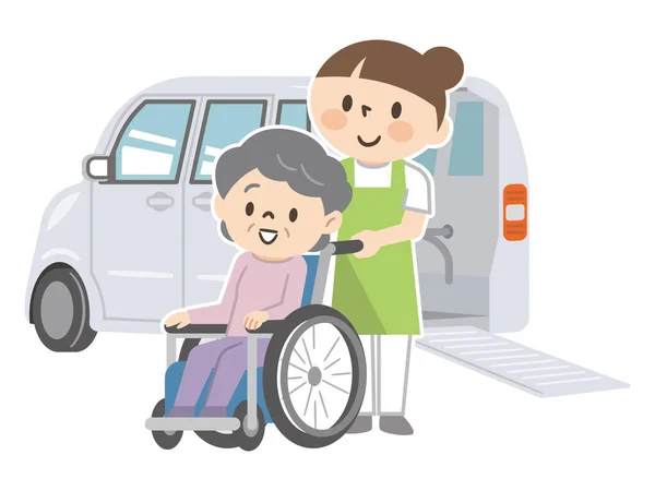 Pojazdy Opieki Społecznej Starsze Kobiety Wózkach Inwalidzkich Oraz Personel Pielęgniarski — Wektor stockowy