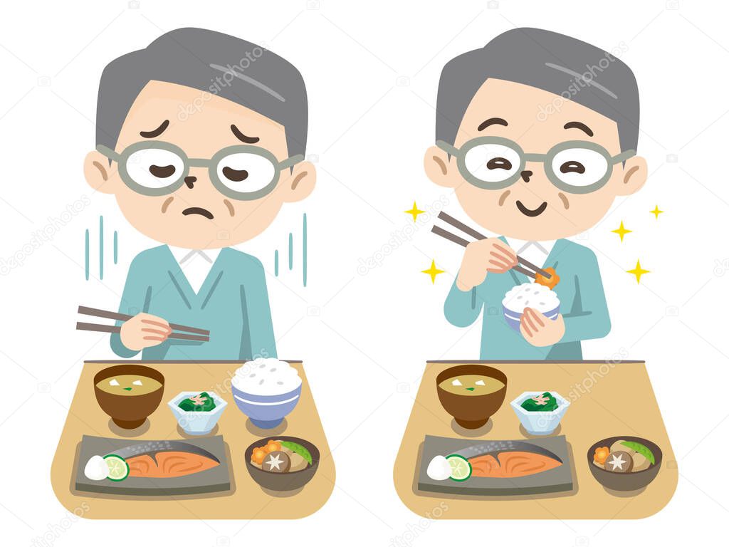 Senior man having anorexia and senior man eating with a smile