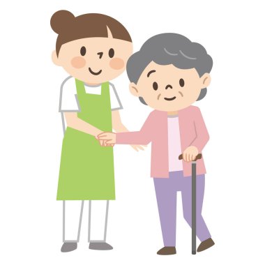 Genç bir kadın bakıcı yaşlı bir kadına bastonuyla yardım ediyor.