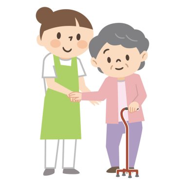 Genç bir kadın bakıcı yaşlı bir kadına bastonuyla yardım ediyor.