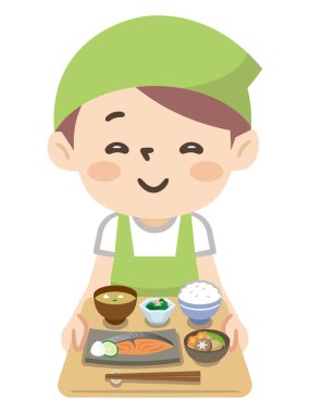 Yemek taşıyan genç bir kadının resmi.