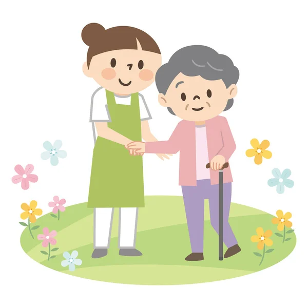 帮助老年妇女使用手杖的年轻女性护理人员 — 图库矢量图片