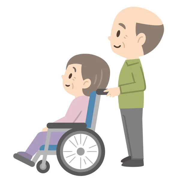 Ilustrace Staršího Páru Invalidním Vozíku — Stockový vektor
