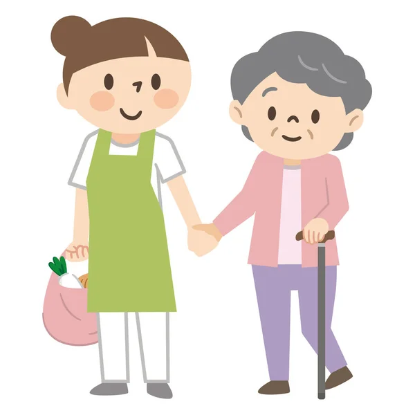 为一位老年妇女购物的护理人员 — 图库矢量图片