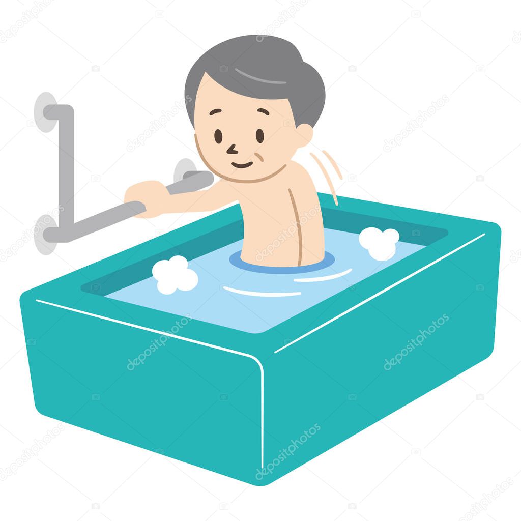 Illustration of an elderly man taking a bath
