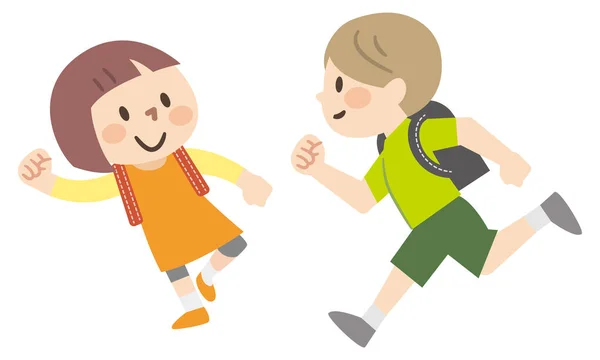 Niños Corriendo Con Una Bolsa Escolar Espalda — Vector de stock