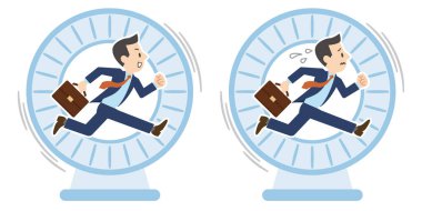 Sürekli direksiyonda koşan bir iş adamı tasviri.