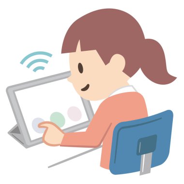 Tabletle çalışan bir kızın resmi.