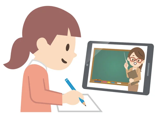 Ilustración Una Chica Tomando Una Clase Línea — Vector de stock