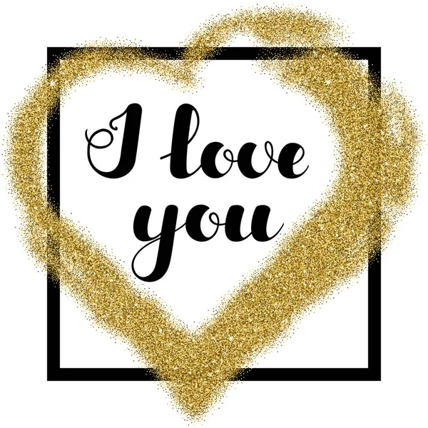 Lettrage "Je t'aime" dans le cadre du cœur de paillettes d'or sur un fond blanc. Illustration vectorielle pour les cartes d'invitation et de voeux de la Saint-Valentin. PSE10 . — Image vectorielle