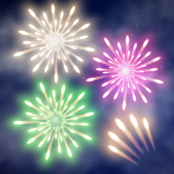 Festive firework, bursting salute on night sky background. Raster image for greeting cards. — Stock Photo, Image