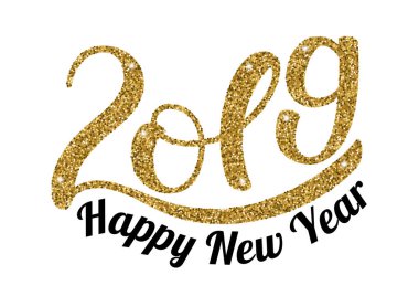 2019 mutlu yeni yıl. Altın glitter doku ile yeni yıl tasarım için tipografik öğe. Beyaz arka plan üzerinde izole vektör çizim.