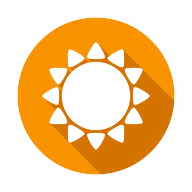 Güneş düz simgesi beyaz renk turuncu zemin üzerine uzun gölge ile. Düz tasarım stili. Vektör çizim. Eps10.