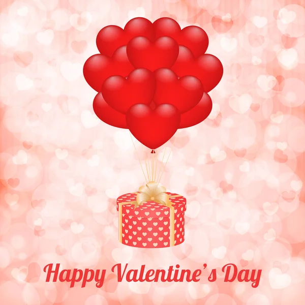Подарункова коробка з бантом і повітряні кулі на фоні розмито Боке з серця. Векторні ілюстрації для день Святого Валентина вітальних листівок. — стоковий вектор