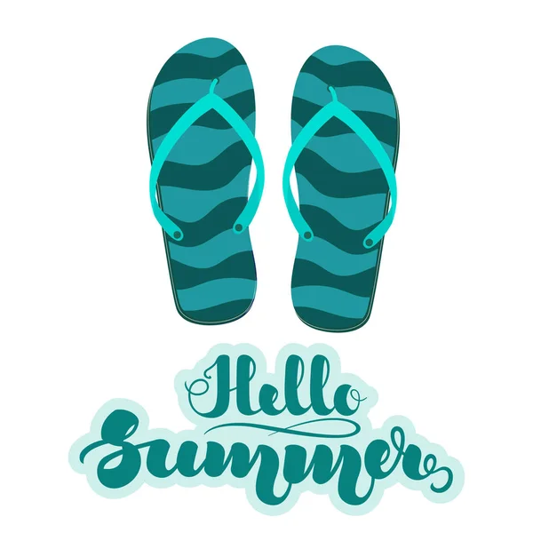 Turquoise striped beach slippers, flip flops and handwritten lettering "Hello Summer". Vector illustration isolated on white background. EPS10. — Stock Vector