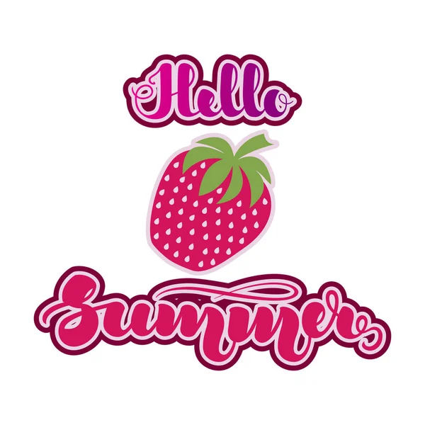 Fraise Dans Style Plat Lettrage Manuscrit Hello Summer Illustration Vectorielle — Image vectorielle