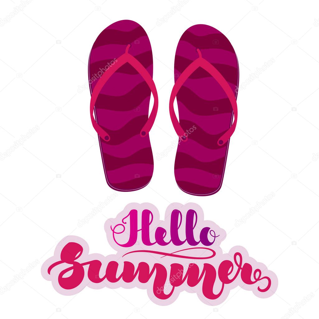 Purple striped beach slippers, flip flops and handwritten lettering 