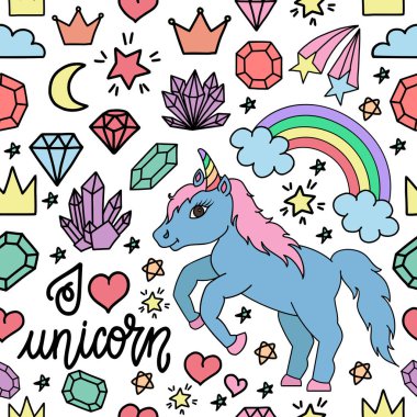 Unicorns, gökkuşağı, kristaller ve diğer unsurları ile el çizilmiş Dikişsiz desen. Vektör arka plan Doodle veya kağıt, duvar kağıdı, Tekstil ve çok daha fazlası sarma için karikatür tarzı.