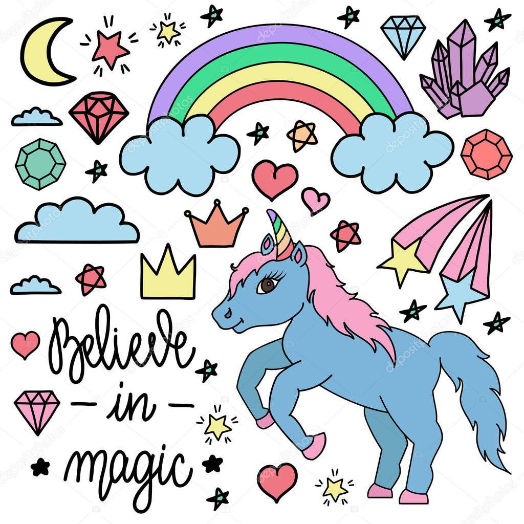 Cute unicorns and other elements. Set of vector illustrations in hand drawn, doodle style isolated on white background.