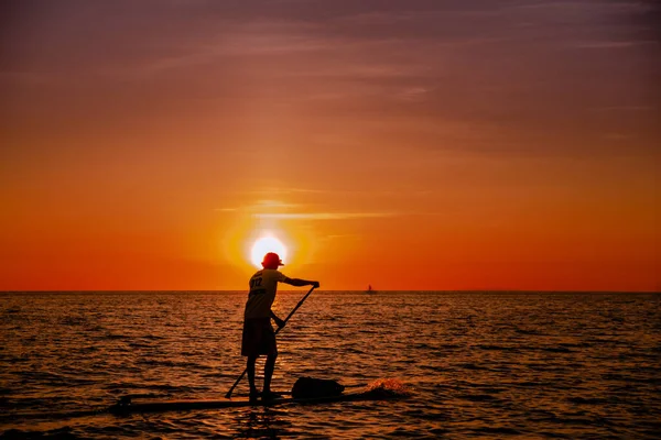 Gün batımında kıyıda sörf yaparken ayağa kalk..