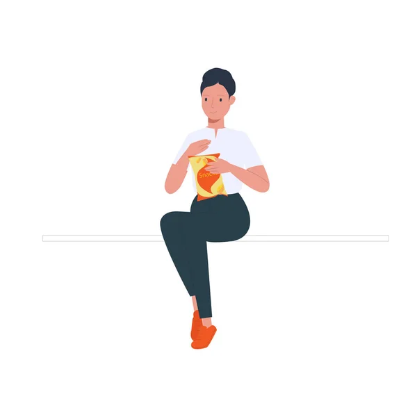 Νεαρή γυναίκα κρατώντας ένα τσιπ πατάτας εικονογράφηση διάνυσμα — Διανυσματικό Αρχείο