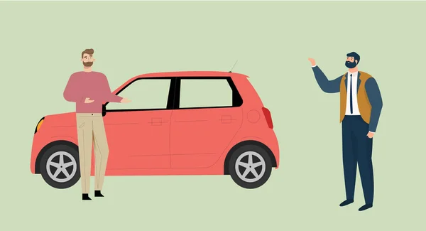 Empresário levanta a mão faz com que um táxi um homem perto do carro oferece serviço de transporte —  Vetores de Stock