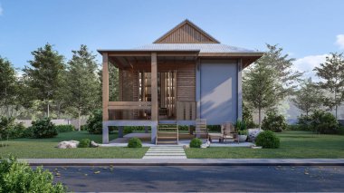 Tropical Wooden House with Porch in a Lush Green Setting