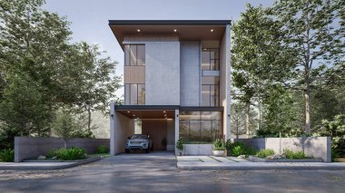 Modern Three-Story House Exterior with Carport and Landscaping