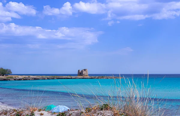 Marina Lizzano Torretta Beach Apulia イタリア 背景Zozzoli Watchtower 海岸線は砂の入り江と結晶性の海を見下ろすギザギザの崖の交互によって特徴付けられます — ストック写真