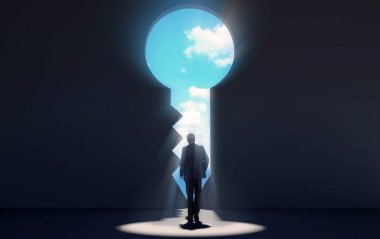 Karanlık odada anahtar-den geçerek yürüyüş işadamı blue sky için yeni fırsatlar, 3d render açığa kapı şeklinde