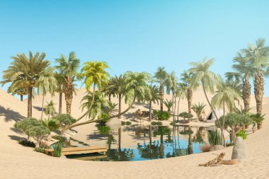 Oasis ve palmiye ağaçları çöl ve gezgin kampları, 3d render
