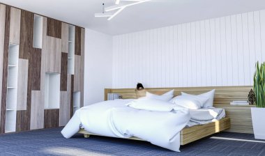 Beyaz modern çağdaş yatak odası iç duvar sahte kadar 3d render için kopya alanı ile
