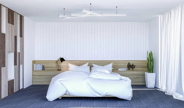 White Modern Bedroom Interior Copy Space Wall Mock Rendering — стоковое фото